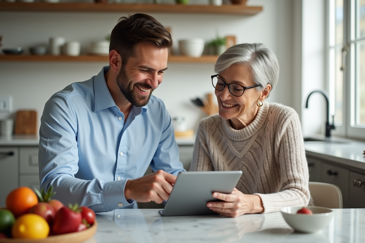 Nutritionniste expliquant un plan alimentaire dans une cuisine lumineuse