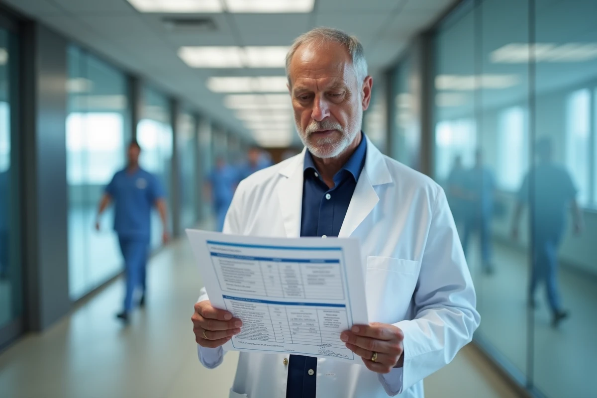 Oncologue masculin dans un couloir d'hôpital consultant un tableau médical sur les délais de récidive tumorale