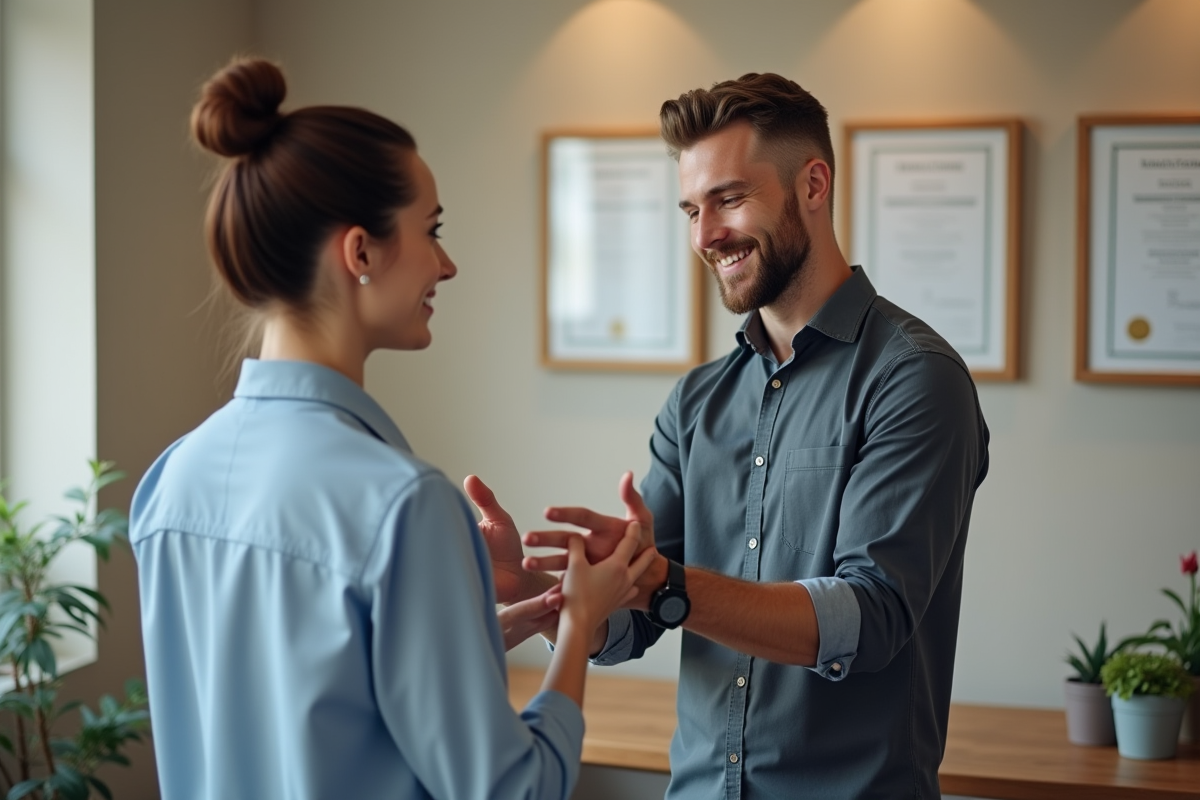Jeune osteopathe montrant un exercice à une patiente souriante