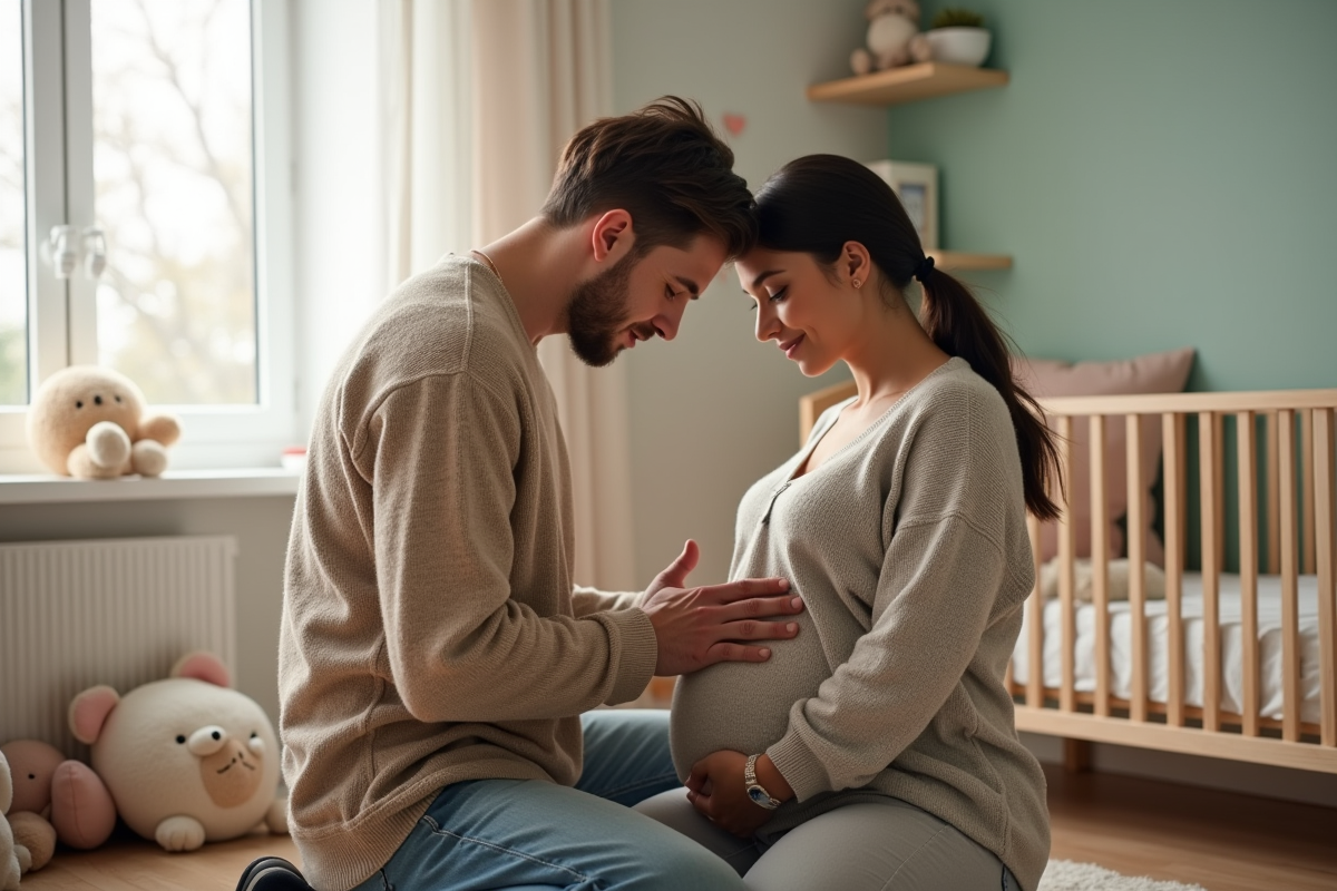 Pere attentif posant sa main sur le ventre de sa partenaire