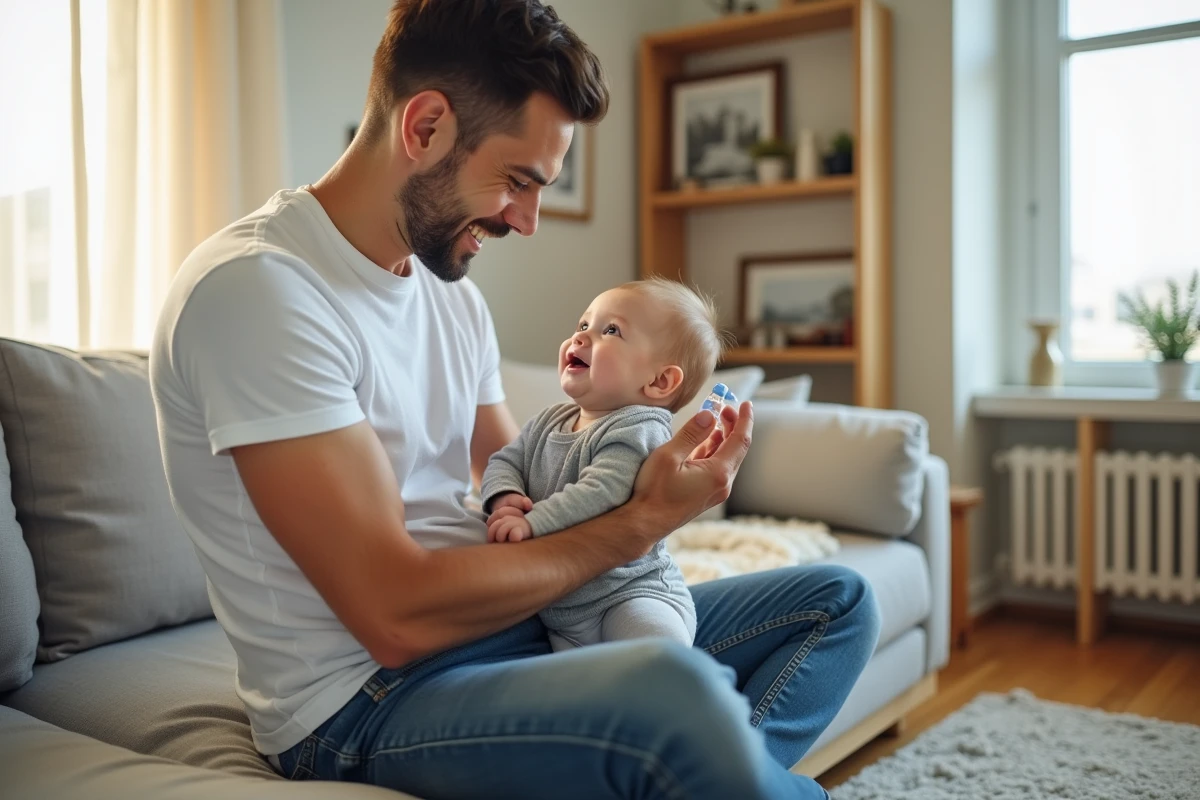 Papa montre &agrave; sa fille comment utiliser un flacon de saline &agrave; la maison