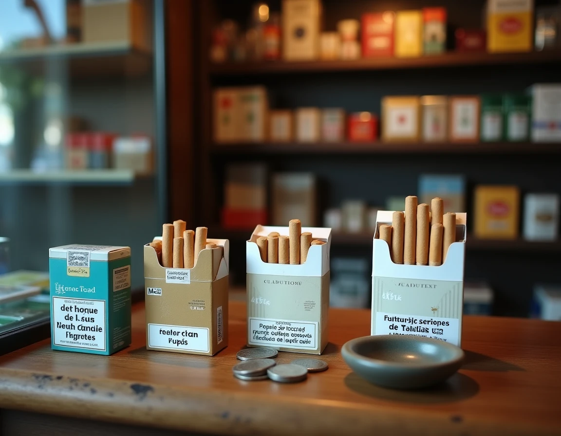 Paquets de cigarettes génériques sur le comptoir d'un bureau de tabac français avec avertissements sanitaires