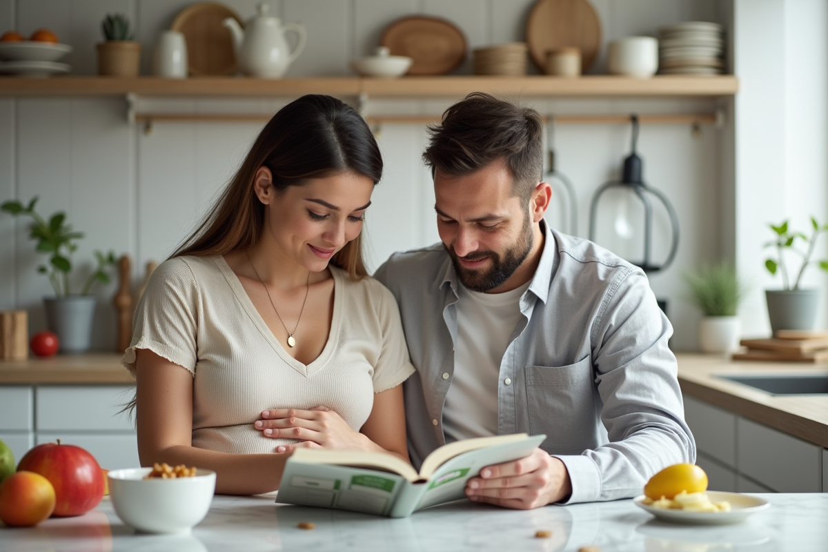 Couple regardant un livre de nutrition ensemble