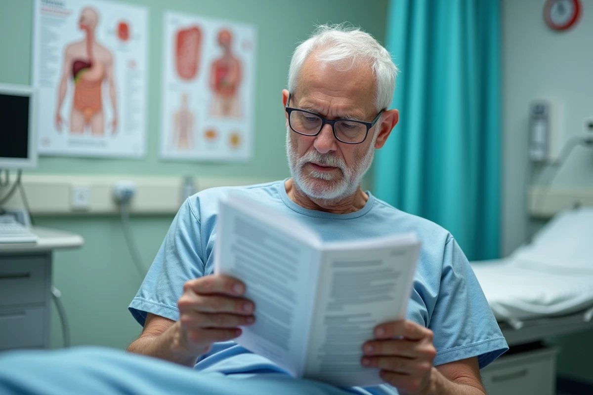 Patient en gastroentérologie lisant des brochures sur les signes du cancer de l'estomac lors d'un examen médical