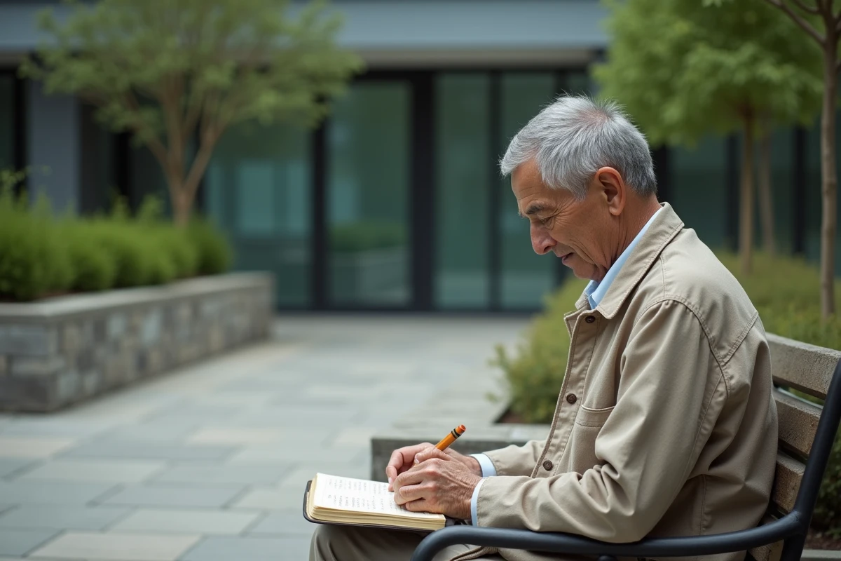 Patient âgé assis seul dans un jardin d'hôpital prenant des notes dans un journal personnel sur sa surveillance après traitement du cancer