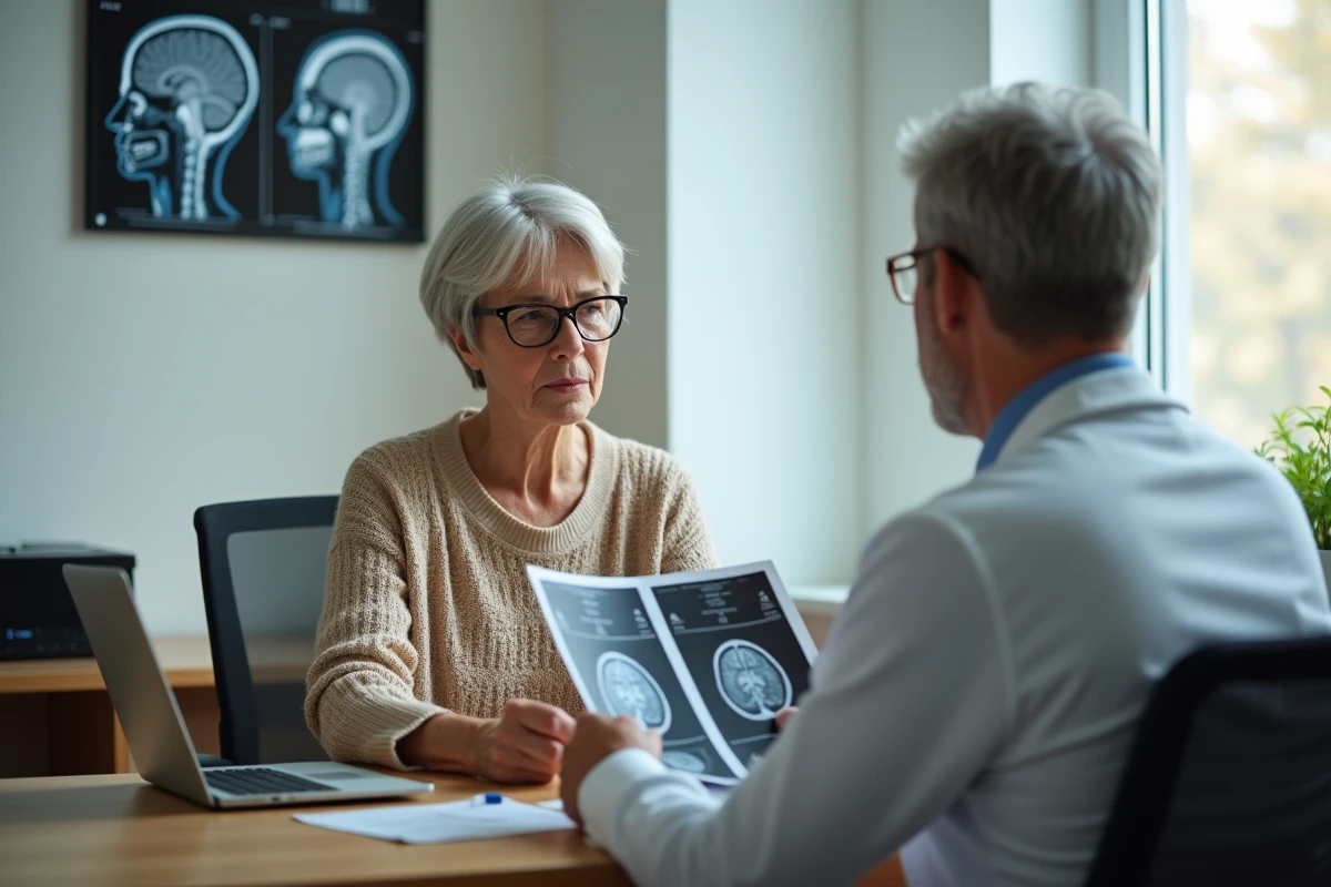Femme âgée consultant un neurologue en tenant des images IRM cérébrales lors d'une consultation médicale