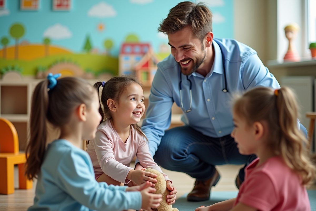 Pediatre jeune avec enfants jouant dans la salle d