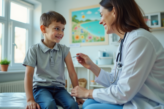 Pediatre souriante administrant un vaccin à un garçon