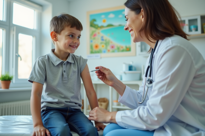 Pediatre souriante administrant un vaccin &agrave; un gar&ccedil;on