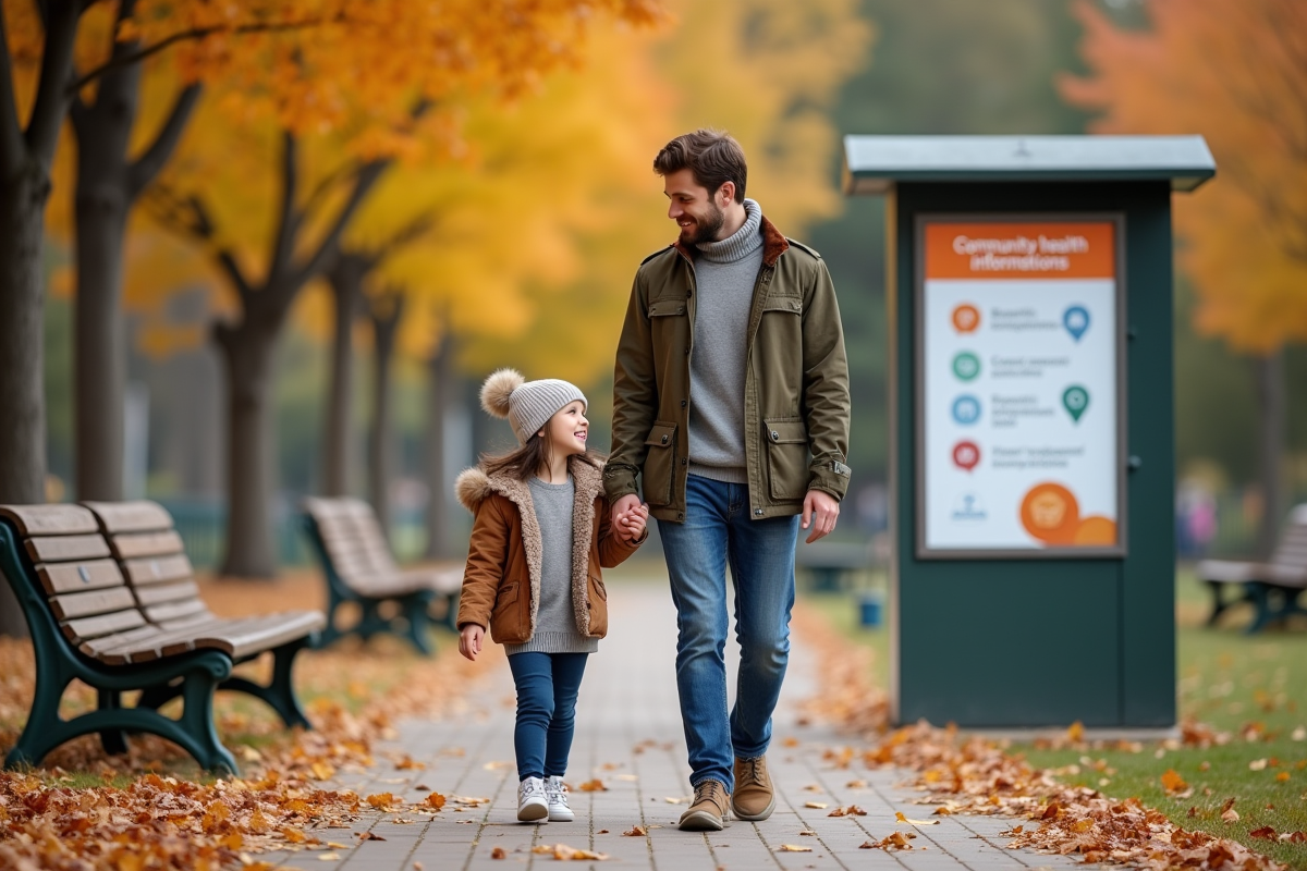 Père et fille marchant dans un parc avec kiosque santé