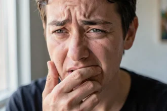 Personne qui touche sa bouche avec une gêne visible