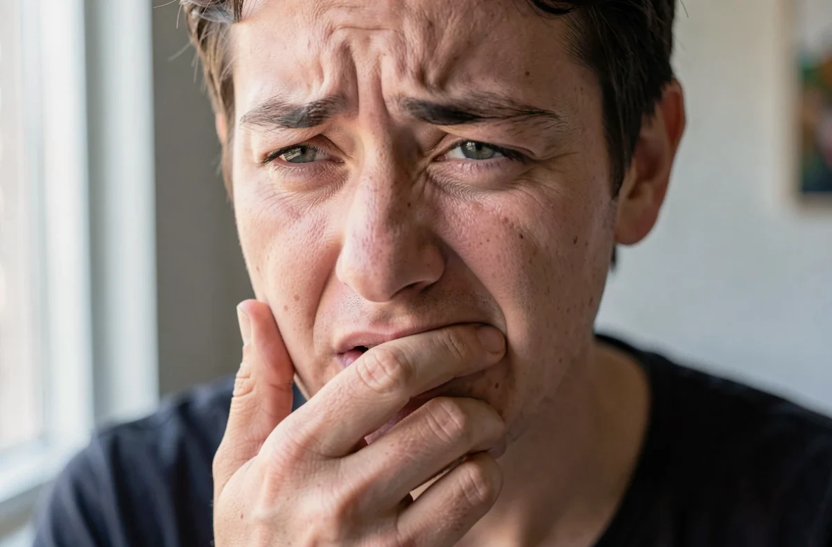 Personne qui touche sa bouche avec une gêne visible
