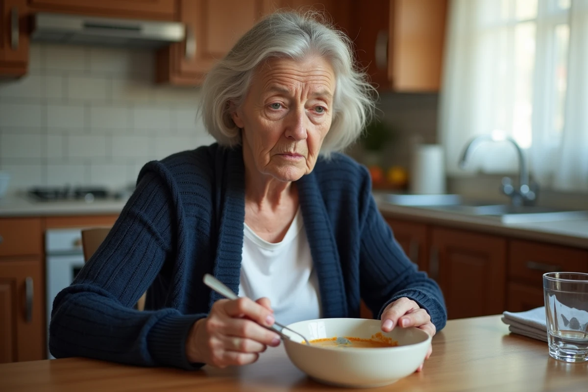 Femme fatiguée sans appétit devant un repas non consommé, signe pouvant évoquer un symptôme du cancer de l'estomac