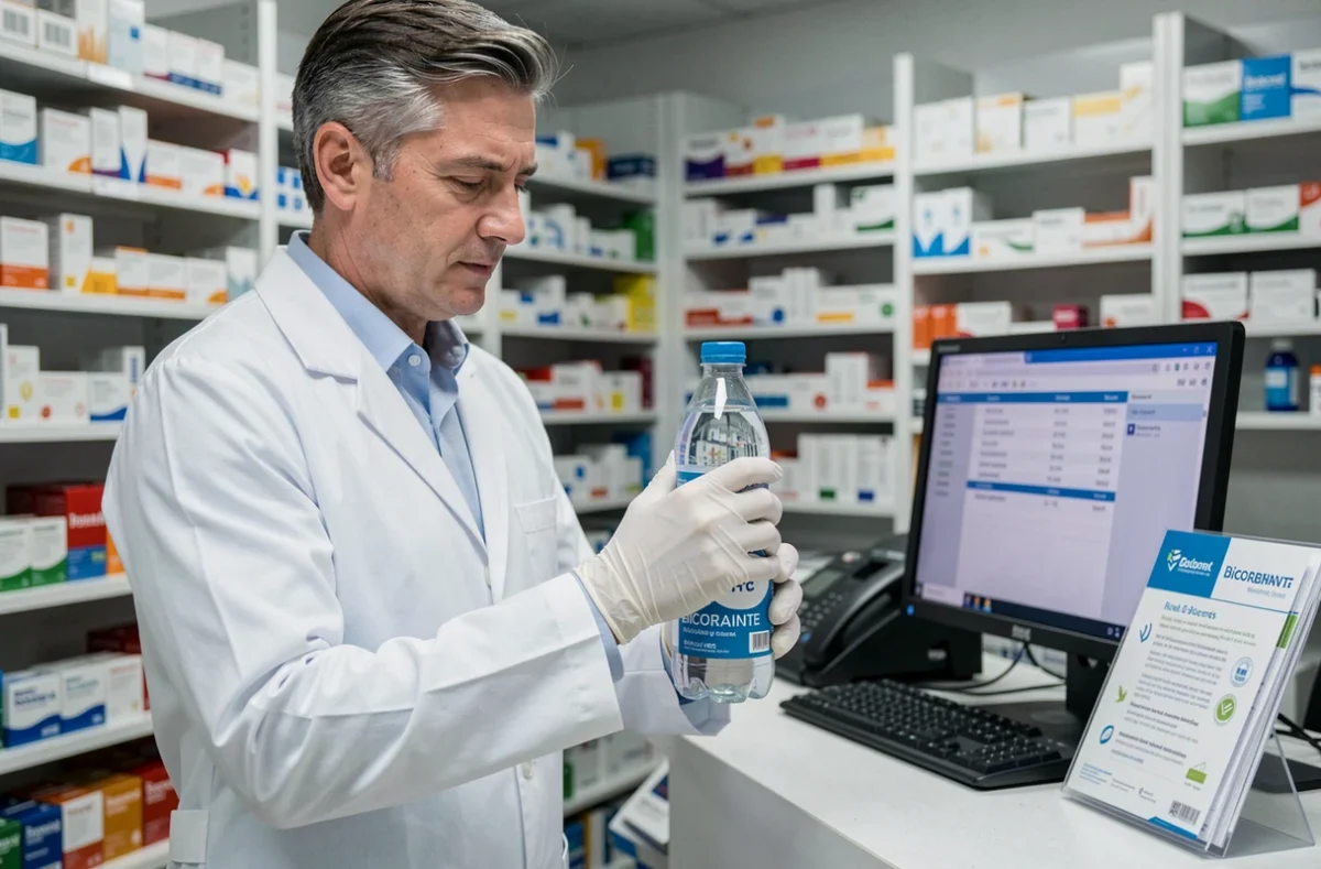 Pharmacien en blouse blanche examinant une bouteille d'eau minérale riche en bicarbonate, évoquant les conseils médicaux sur l'automédication et la santé des reins