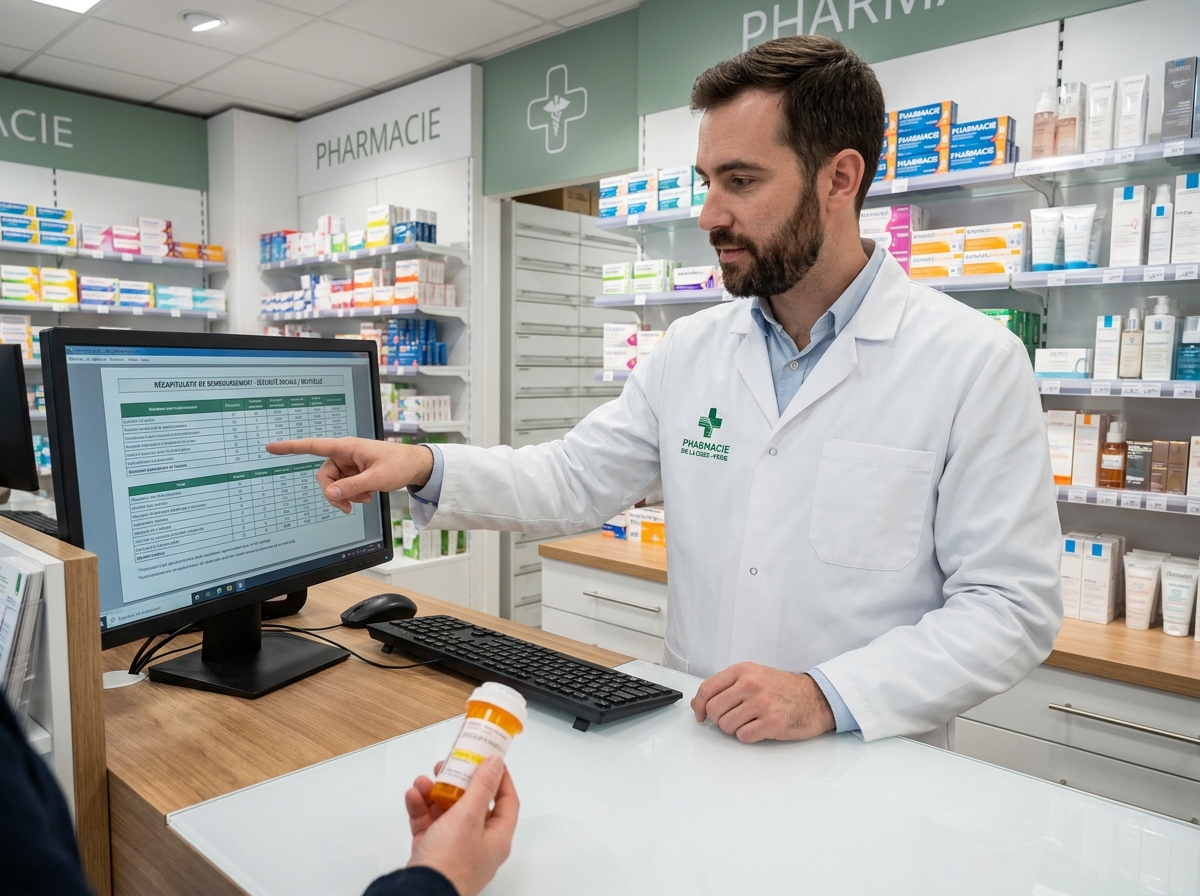 Pharmacien expliquant le remboursement d'un médicament par la sécurité sociale et la mutuelle à un patient au comptoir d'une pharmacie