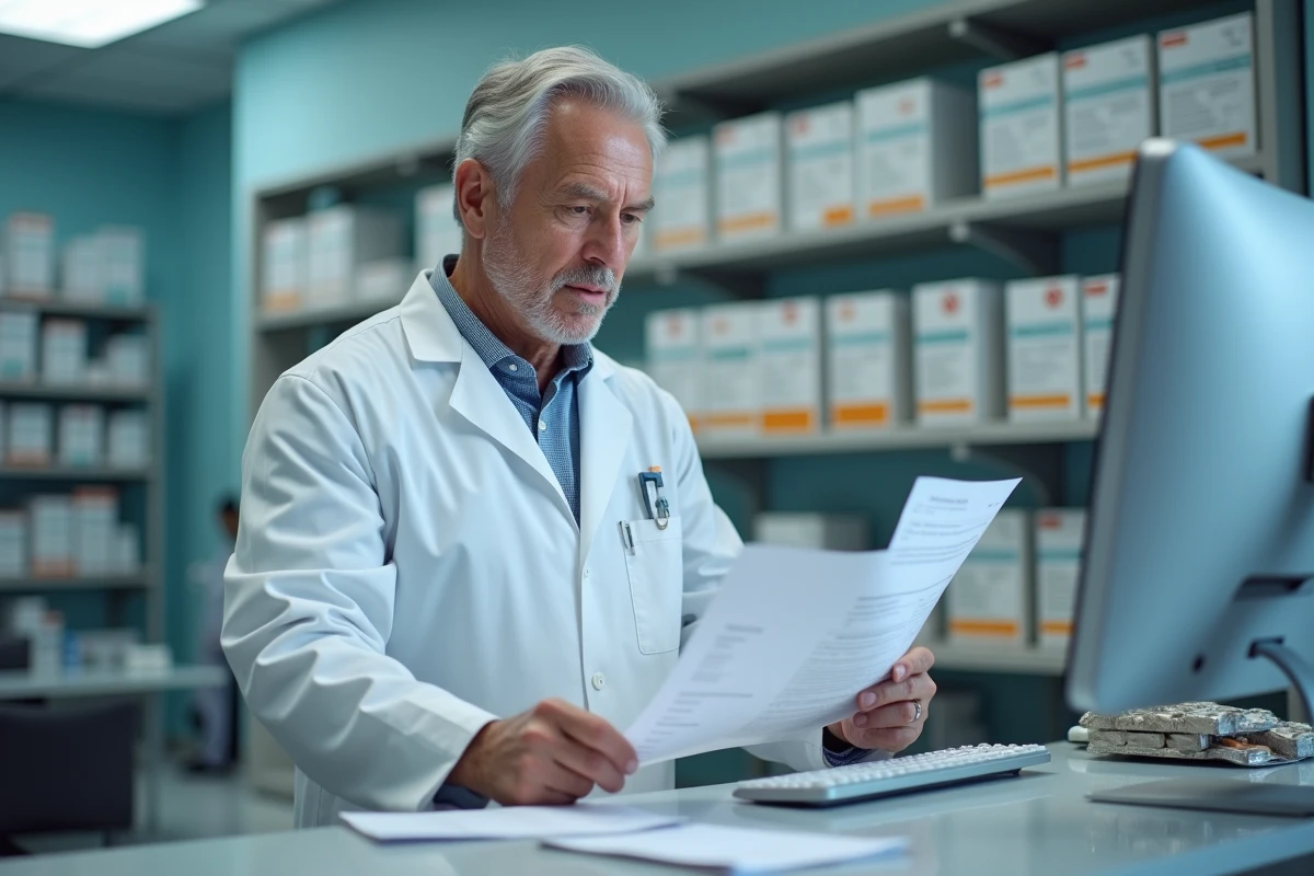 Pharmacien hospitalier v&eacute;rifiant une prescription m&eacute;dicamenteuse sur &eacute;cran pour pr&eacute;venir les risques iatrog&egrave;nes