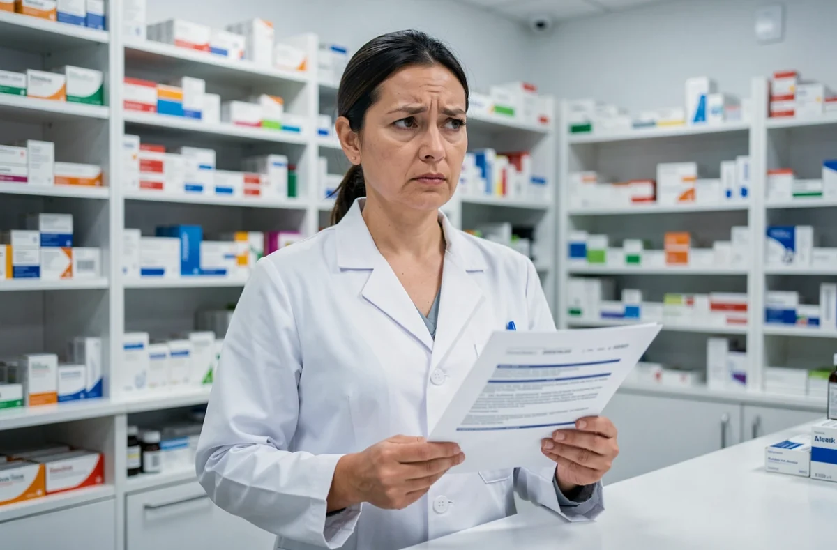 Pharmacienne analysant une boîte de complément alimentaire Alviona avec un regard professionnel critique