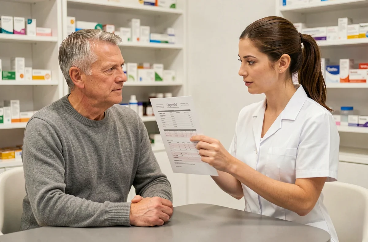 Pharmacienne expliquant un taux VGM anormal sur une prise de sang à un patient en pharmacie