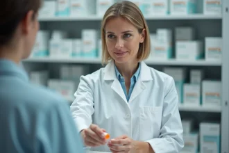 Pharmacienne remettant un flacon d'ULTRA levure à un patient dans une pharmacie, conseils sur la prise d'antibiotiques
