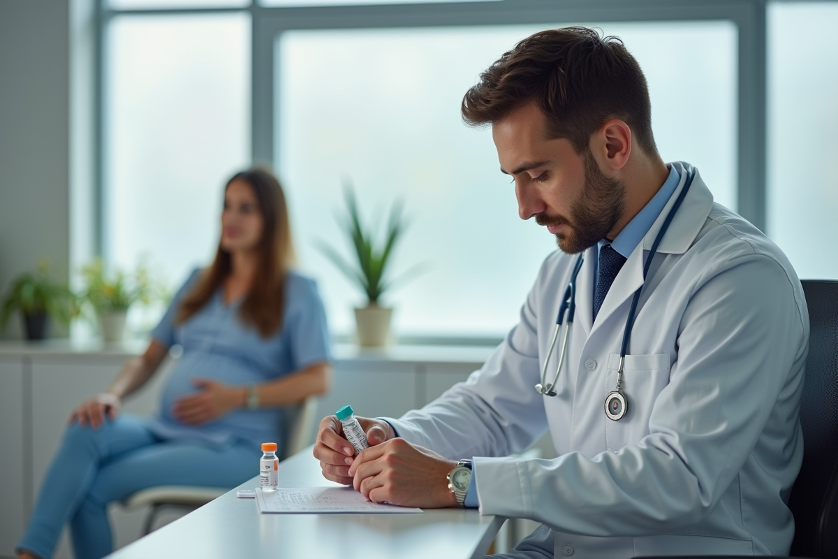 Technicien en laboratoire manipulant des fioles avec femme enceinte en arrière-plan