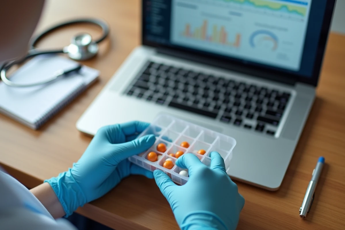 Mains gant&eacute;es d'une soignante organisant un pilulier hebdomadaire avec un logiciel de suivi m&eacute;dicamenteux ouvert sur ordinateur