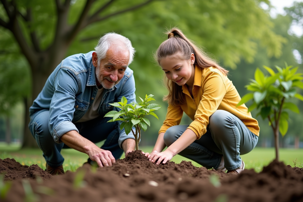 Adulte et adolescente plantant des jeunes arbres dans un parc