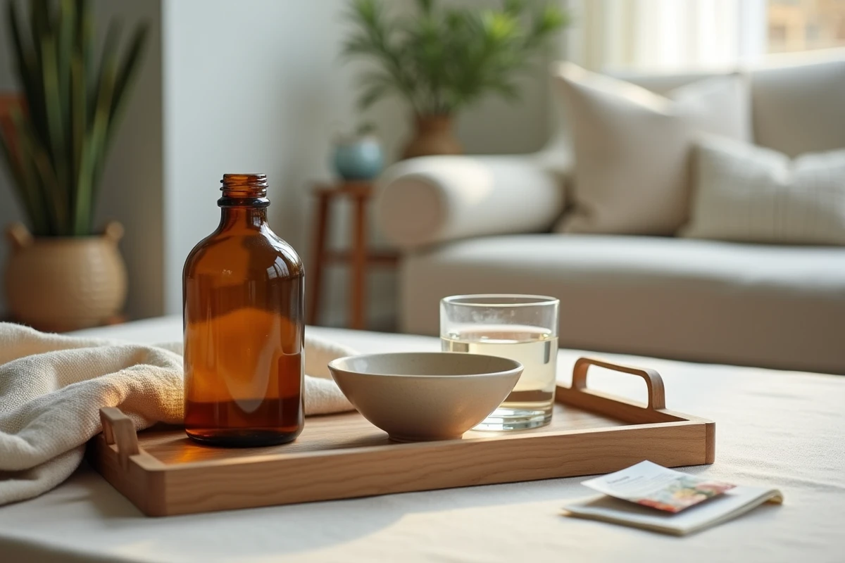 Plateau en bois avec flacon d'huile de ricin, bol en céramique et verre d'eau sur nappe en lin dans un salon cosy