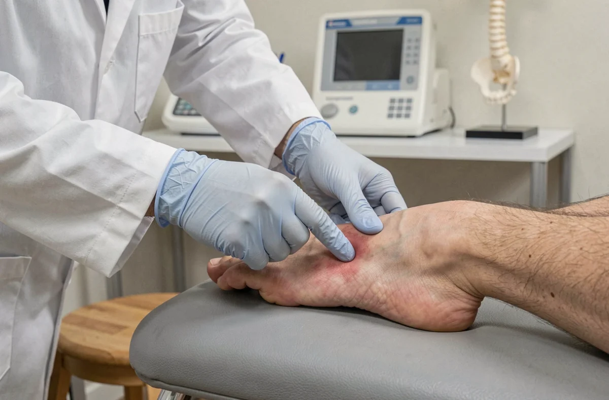 Podologue examinant le talon d'un patient pour diagnostiquer une épine calcanéenne en cabinet médical