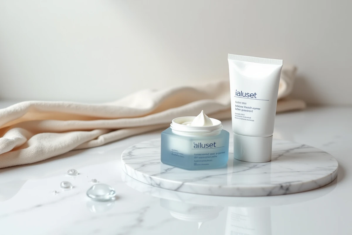 Tube de crème Ialuset et gel d'acide hyaluronique sur marbre blanc dans un contexte minimaliste