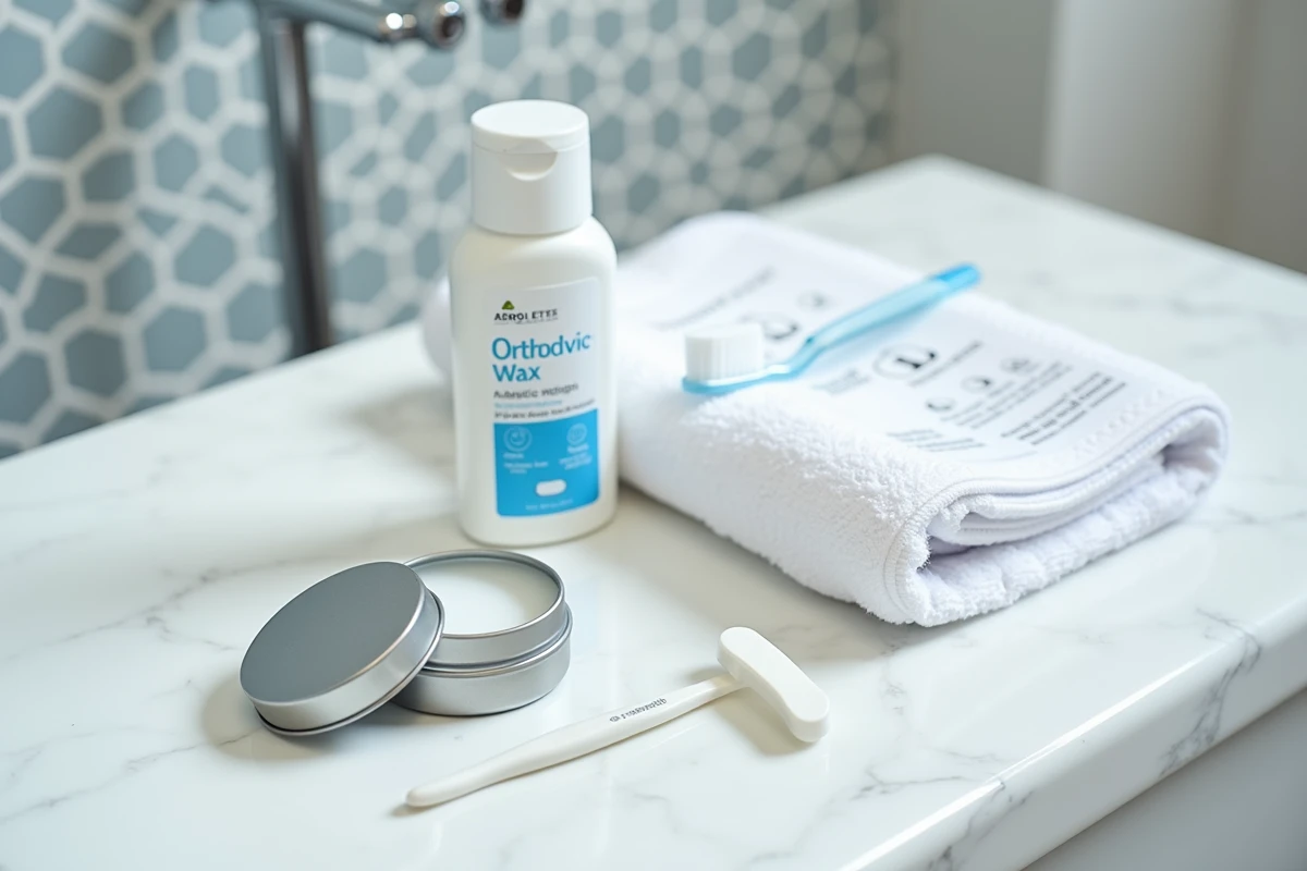 Produits pour soulager la douleur au palais causée par un appareil dentaire posés sur un comptoir en marbre
