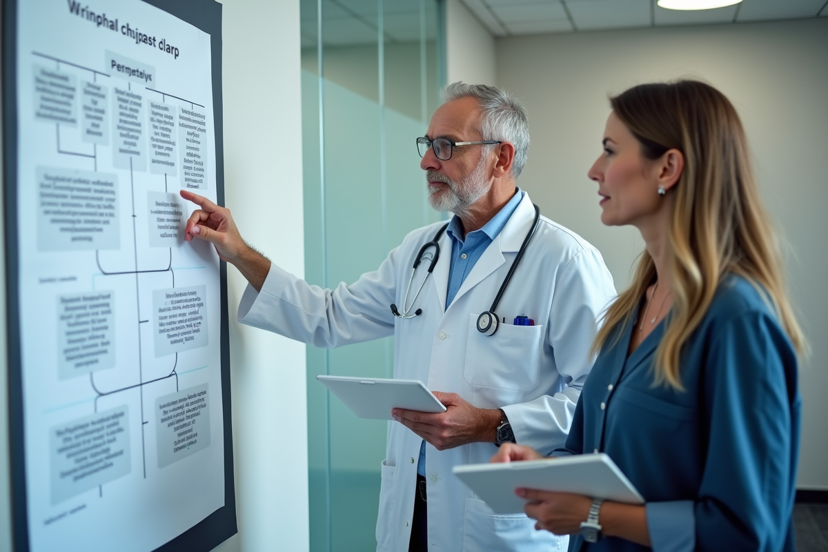 Professionnels de la santé discutant devant un diagramme