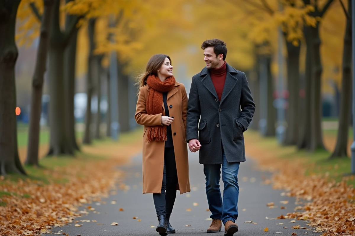 Couple se promenant dans un parc en automne, partageant une conversation bienveillante inspirée de la pensée positive