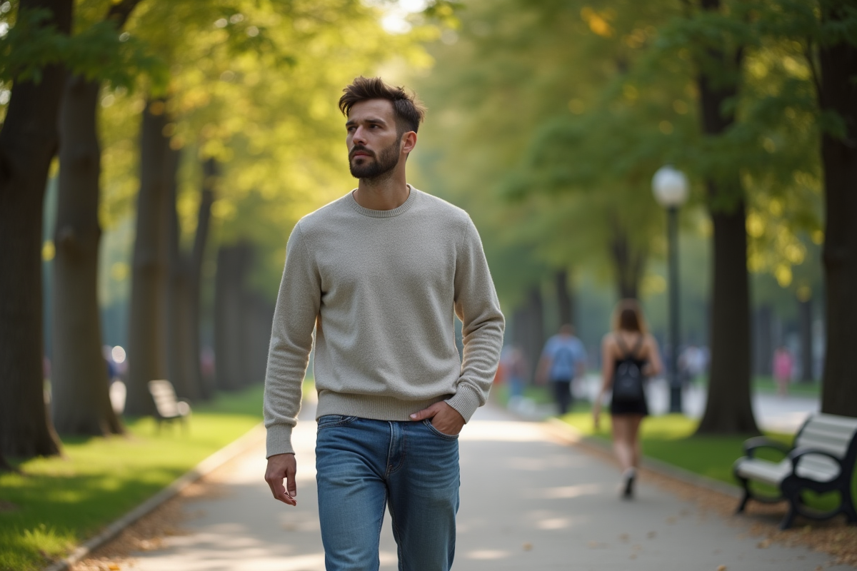 Homme marche dans un parc urbain tranquille