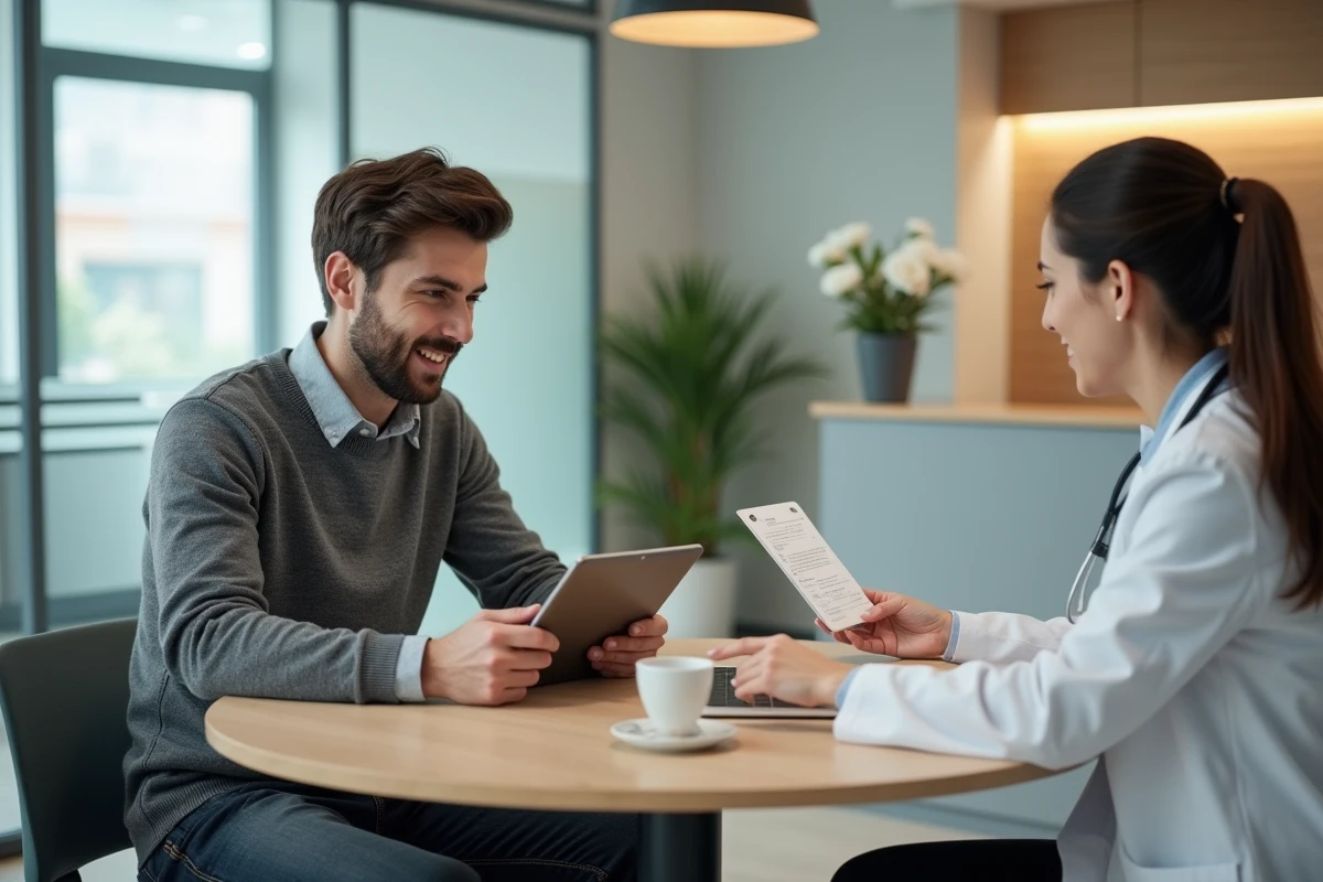 Jeune homme et docteur discutant &agrave; la reception de la clinique