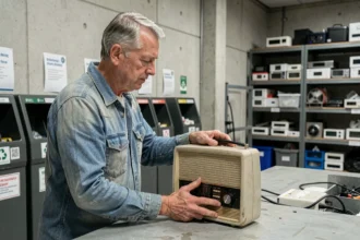 Un homme déposant une vieille radio transistor dans un point de collecte de recyclage pour appareils électroniques