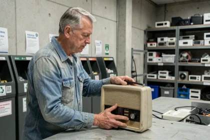 Un homme déposant une vieille radio transistor dans un point de collecte de recyclage pour appareils électroniques