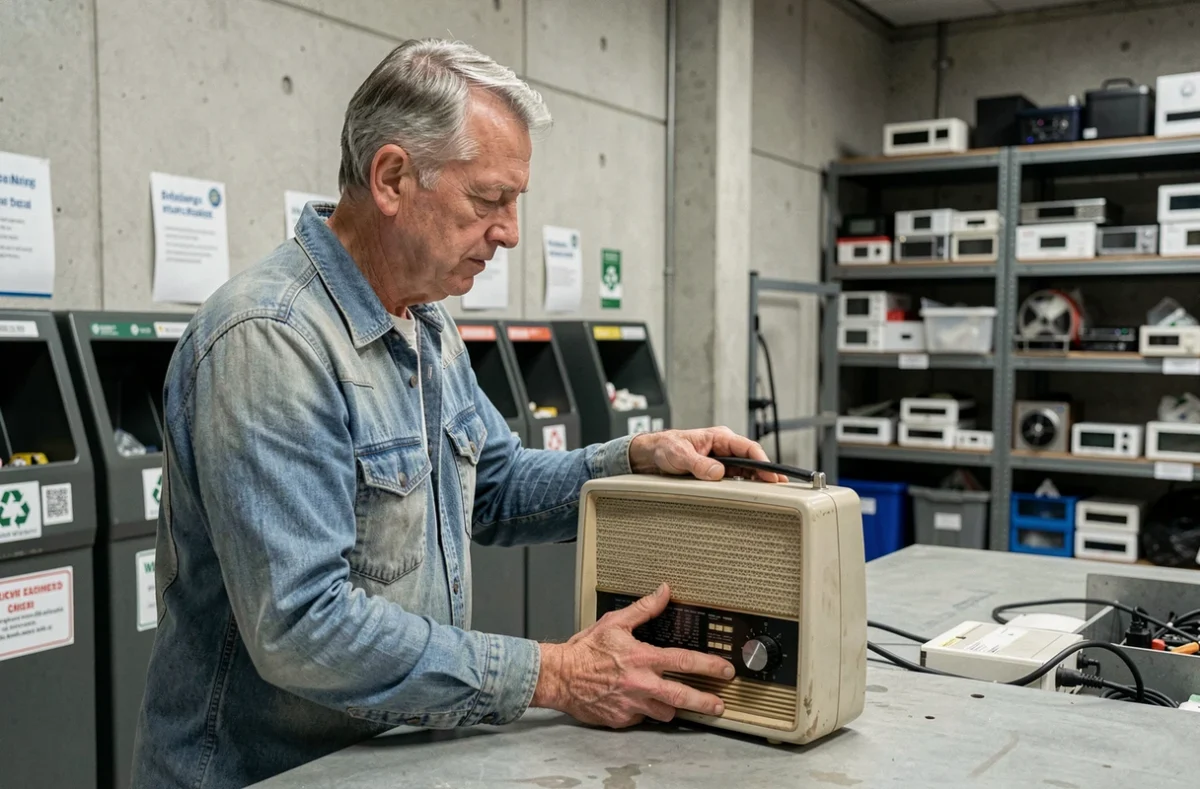 Un homme déposant une vieille radio transistor dans un point de collecte de recyclage pour appareils électroniques