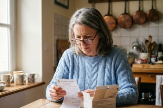 Femme examinant une ordonnance et une fiche de remboursement de médicament à la cuisine, comparant la part sécurité sociale et mutuelle santé