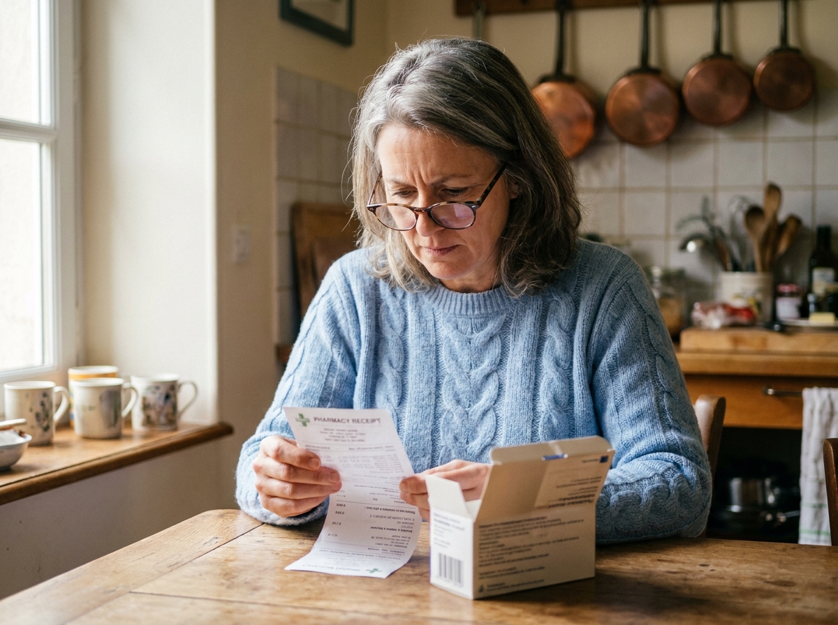 Femme examinant une ordonnance et une fiche de remboursement de médicament à la cuisine, comparant la part sécurité sociale et mutuelle santé