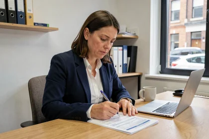Responsable de PME remplissant le questionnaire risque professionnel Ameli sur son bureau de travail