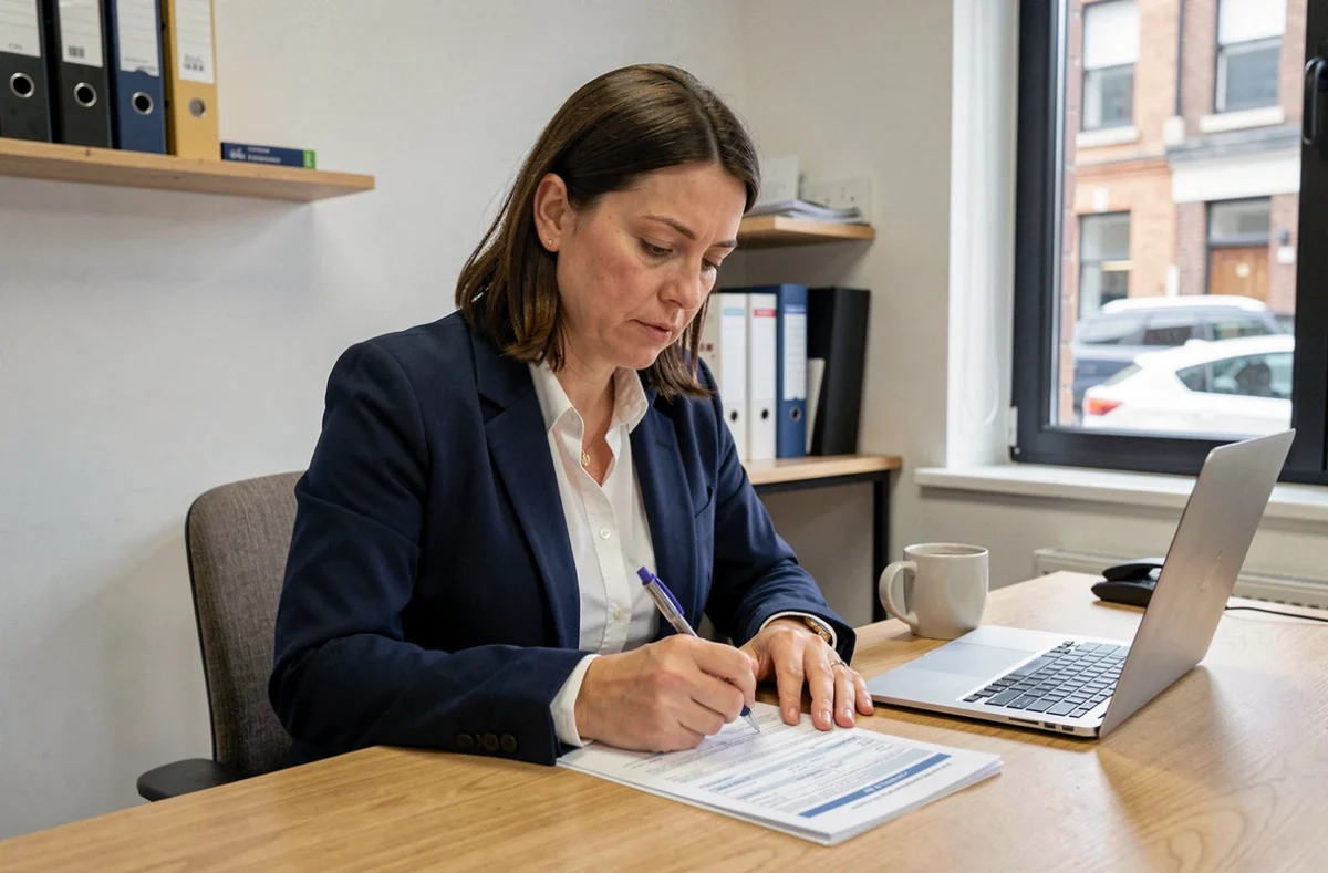 Responsable de PME remplissant le questionnaire risque professionnel Ameli sur son bureau de travail
