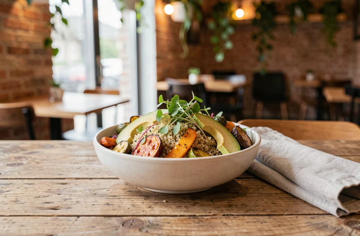 Bol de repas healthy coloré servi dans un restaurant bistronomique de Loire-Atlantique, avec quinoa, légumes rôtis et avocat sur table en bois rustique