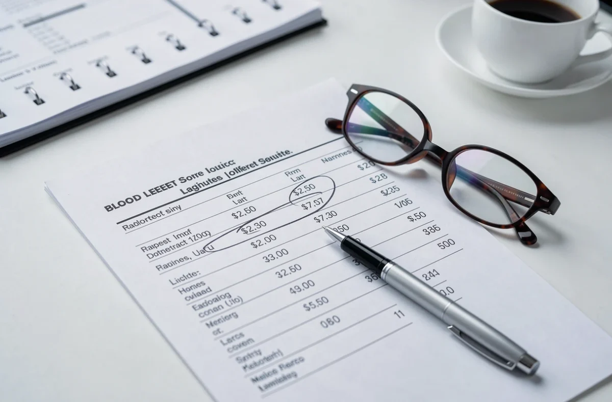 Résultats de prise de sang avec valeurs VGM surlignées sur un bureau médical blanc