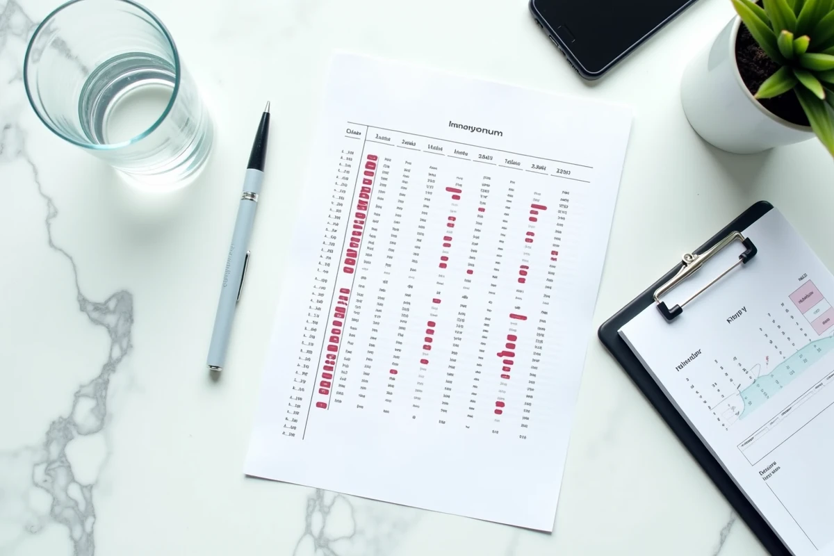 Résultats d'une prise de sang avec transaminases SGPT élevées posés sur une table avec un stylo et un calendrier pour planifier un nouveau bilan