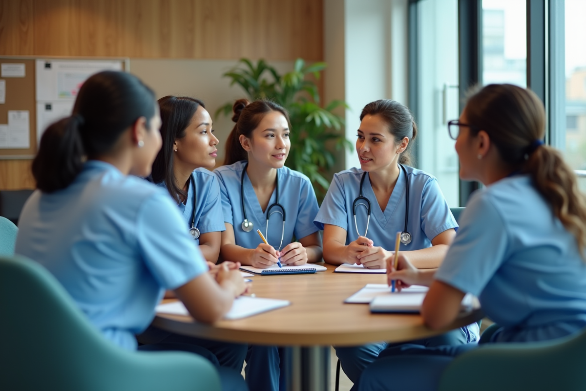 Équipe soignante en réunion dans un espace de travail hospitalier