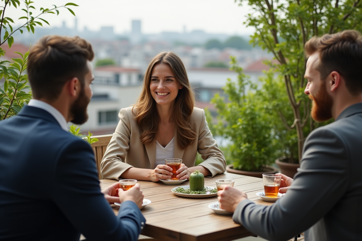 Jeunes professionnels partageant une tisane en terrasse urbaine
