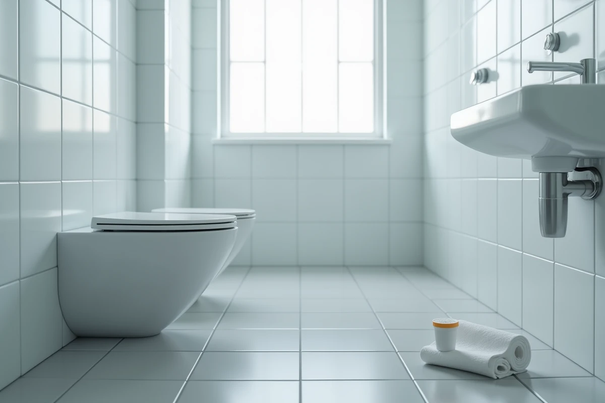 Salle de bain médicale propre avec un gobelet d'analyse d'urine posé sur un lavabo, illustrant le diagnostic des troubles urinaires