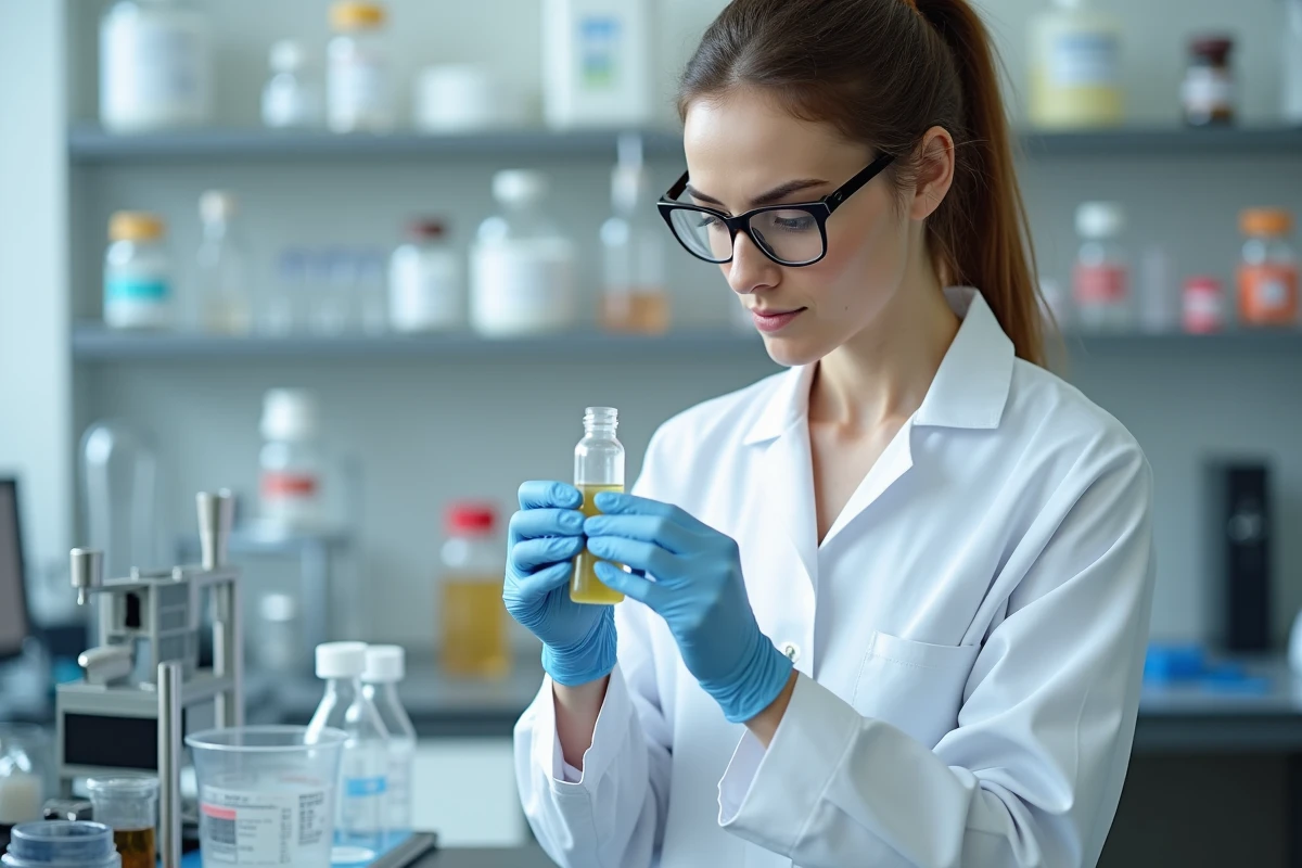 Scientifique en blouse blanche analysant un sérum actif en laboratoire pharmaceutique moderne