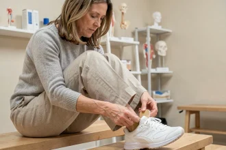 Femme d'âge mûr insérant une semelle orthopédique dans sa chaussure de sport dans un cabinet de kinésithérapie