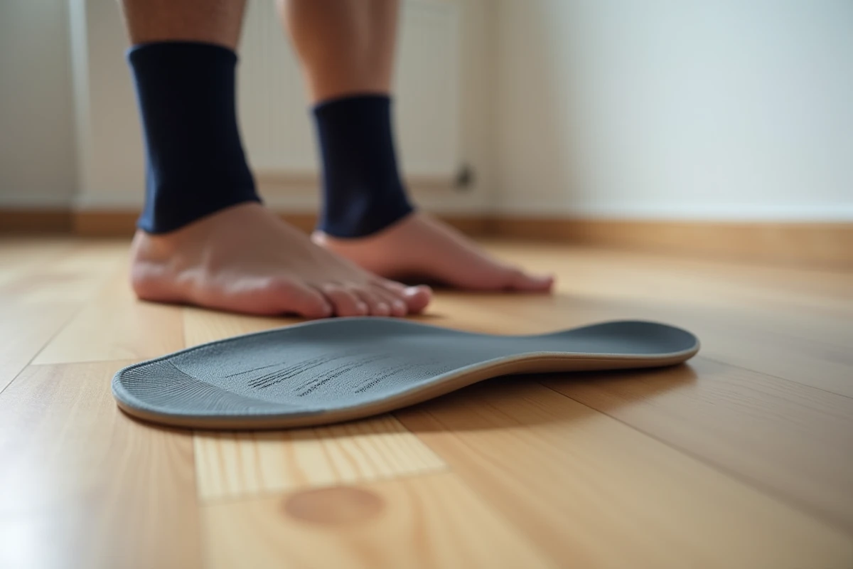 Semelle orthopédique thermoformée pour épine calcanéenne posée à côté d'un pied adulte sur un parquet en bois clair